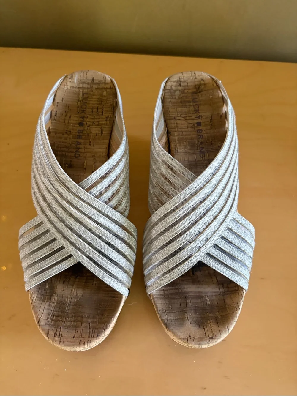 Lucky Brand Women's Beige Cork Wedge Sandals - Crisscross Strappy Slide  S 8 1/2